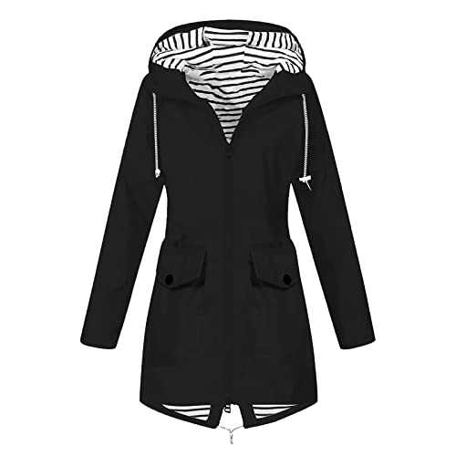 Waterproof Jacket Womens Full Zip Lightweight Rain Jackets Hooded Packable Longline Raincoat Solid Long Sleeve Hiking Warm Overcoat with Pocket Outdoor Windbreaker Softshell Jackets Plus Size S-5xl