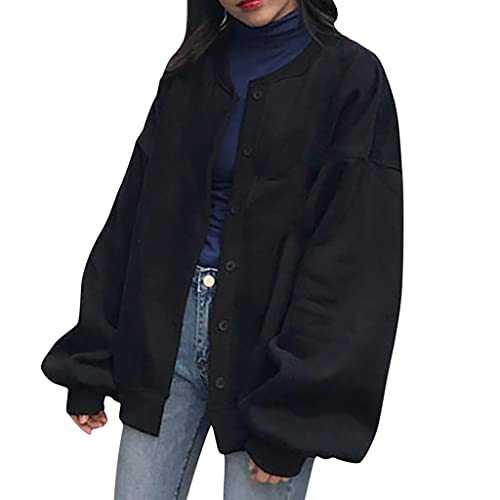 SIGOYI Women Bomber Jacket Button Up Puff Sleeve Plain Oversized Jackets Teen Girls Crew Neck Baggy Winter Outwear