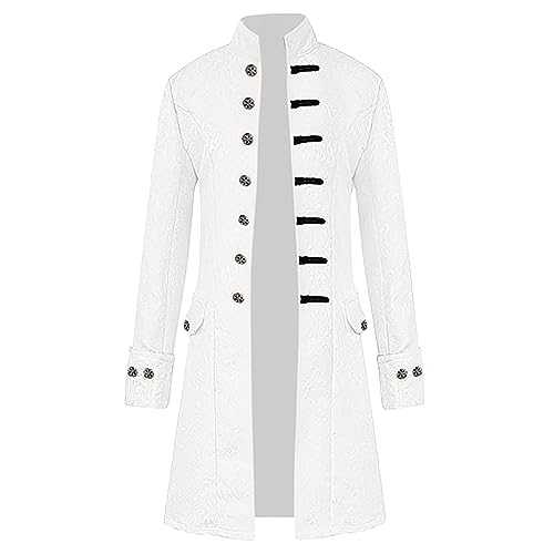 Steampunk Coat Man Large Size Jacket Vintage Long Stand Collar Single Breasted Jackets With Pockets Retro Medieval Court Renaissance Gothic Fashion Chic Long Casual Jackets, white, M