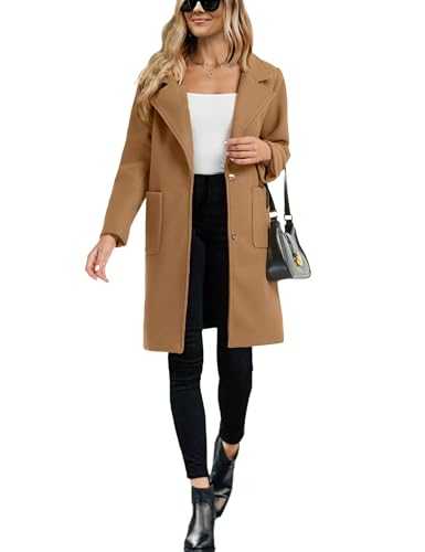 Omoone Women's Notched Lapel Wool Coats Mid Long Button Pea Coats Warm Thicken Trench Jacket