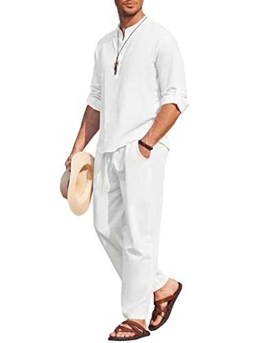 COOFANDY Men's 2 Pieces Cotton Linen Set Casual Long Sleeve Henley Shirts Beach Pants With Pockets Summer Yoga Outfits