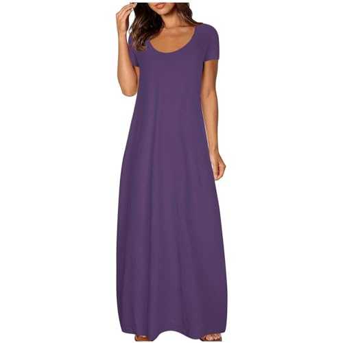HOOUDO Summer Dresses for Women Swing Cotton Casual Dresses Cap Sleeve Round Neck Floral Dresses Stretchy Plain Midi Dresses with Pockets A Line Dresses
