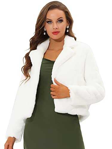 Allegra K Women's Cropped Jacket Notch Lapel Faux Fur Fluffy Coat