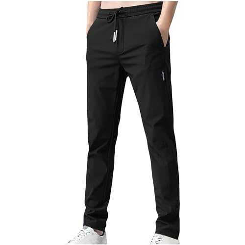 AMhomely Joggers for Men UK Plus Size Drawstring Casual Trousers Mens Summer Slim Fit Pants with Pocket Drawstring Elastic Waisted Sweatpants Tracksuit Bottons Solid Baggy Trousers Sports