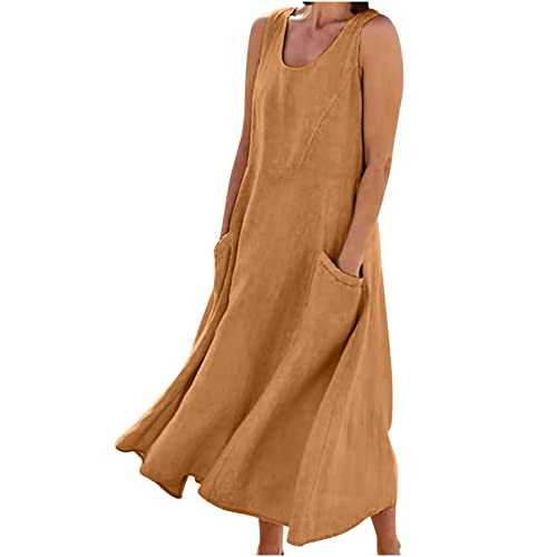 Linen Dresses Women Summer Casual Beach Plus Size Dress Sleeveless Tank Kaftan Dress Loose Fit Midi Dress Solid Color A Line Swing Dress Going Out Dresses Holiday Flowy Sundresses UK Size Ladies S-5XL