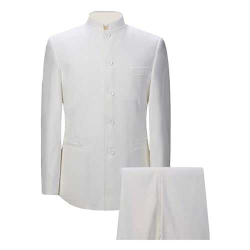 Men's Chinese Suit Stand Collar 2 Pieces Solid Slim Fit Blazer Formal Wedding Groomsmen Sport Coat Traditional Suits Pant Set