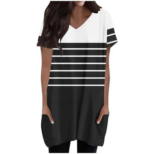 Dyhxuan Long Shirt Women's Colour Block Striped T-Shirt V-Neck Short Sleeve T-Shirt Long Summer Tops Casual Pullover Long Blouse Elegant Blouse Shirt with Pocket Oversize Shirt Trendy Tunic Top