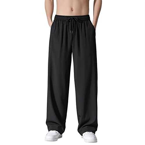 Slip-on trousers, men's wide leg, leisure trousers, men's ice silk, sports trousers, plain relaxation trousers, lightweight training trousers with elastic band, suit trousers, straight office