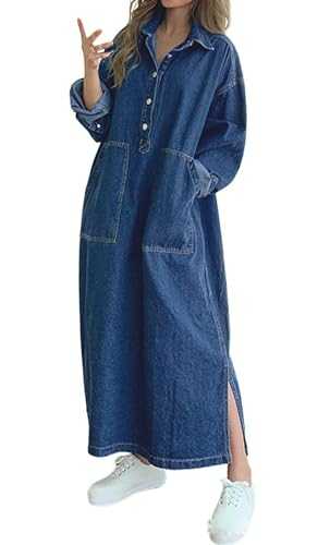 Womens Classic Long Jean Jacket Plus Size Loose Long Sleeve Button Down Denim Jacket Trench Coat