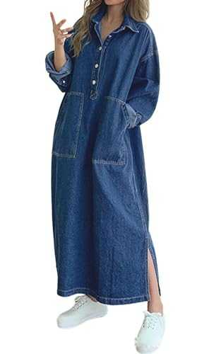 Jofemuho Womens Classic Long Jean Jacket Plus Size Loose Long Sleeve Button Down Denim Jacket Trench Coat