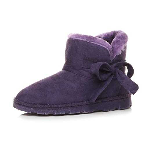 AJVANI Womens Ladies Flat Bow Pull on Cosy Faux Sheepskin Fur Lined Ankle Boots Booties Slippers Size