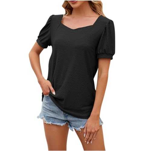 AMhomely Womens Blouse Party Elegant Short Sleeve Top Ladies Summer Tops Plain Sweetheart Neck Tunic Tops Blouse Solid Loose Pullover Tops Vintage Casual Tee Shirts Holiday Party Blouse