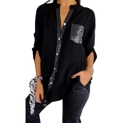 Cotton V-Neck Sequin Mid-Sleeve Casual Top Glitter Sequin Pocket 3/4 Short Sleeve Women Button Up Blouse Tops Casual (Black,XL)
