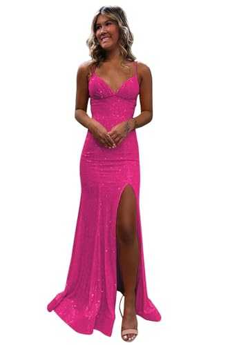 Spaghetti Strap Sequin Mermaid Prom Dress with Slit V-Neck Sparkly Long Formal Dresses Evening Gowns