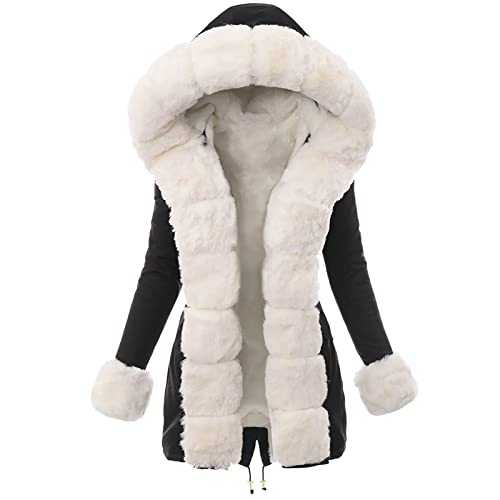 Winter Coats for Women UK Thick Fleece Lined Jacket Warm Hooded Parka Jackets Fluffy Fuzzy Outerwear Teddy Bear Coat Ladies Casual Puffer Overcoats Faux Fur Long Coat Waterproof Padded Overcoats