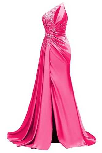 One Shoulder Satin Prom Dresses Beaded Formal Dress Mermaid Evening Party Dress