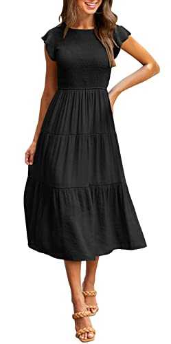 Women's Flutter Short Sleeve Smocked Midi Dress Summer Casual Tiered A-Line Dress