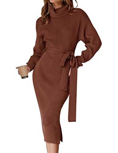 Women's Turtleneck Sweater Midi Dress Long Sleeve Ribbed Knit Bodycon Slit Dress with Belt