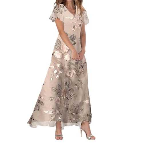 Maxi Dresses for Women UK Floral Print Ruffle Short Sleeve Wrap V Neck Swing Long Dress High Waist Flowy Beach Summer Sundress Plus Size Holiday Vocation Bohemian Womens Dresses