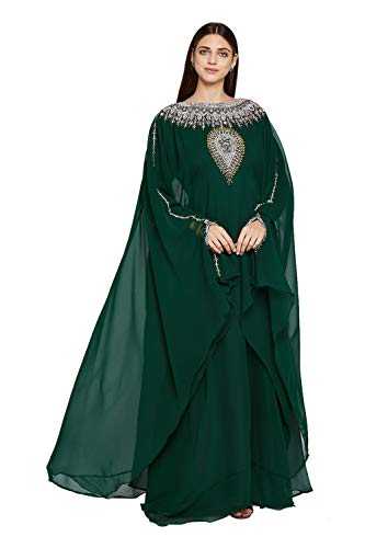 ANIIQ Women Dubai Kaftan Farasha Caftan Long Maxi Dress Long Sleeves Georgette Ethnic, Bridal, Evening, Party, Wedding Dress with Free Scarf | Size- Free