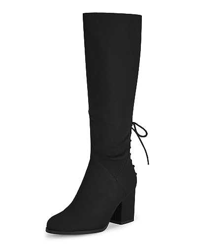 Womens Wide Calf Knee High Boots Chunky Block Heel Round Toe Back Straps Side Zipper Winter Dress Boots