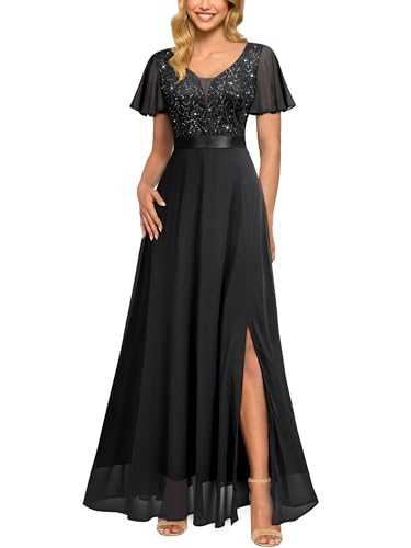 MIUSOL Women's Elegant Double V-Neck Sequin Embroidered Prom Bridesmaids Party Gown Formal Maxi Dress