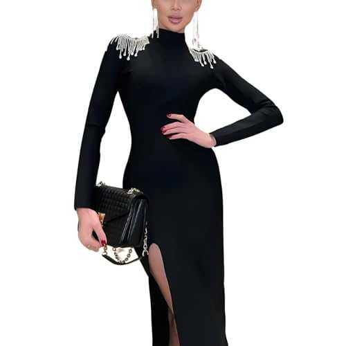 TOYTEM Black Dress for Women - Long Bodycon High Split Maxi Dress - Fancy Women's Black Cocktail Dress for Wedding Guest - Elegant Dresses for Women UK Party Wear