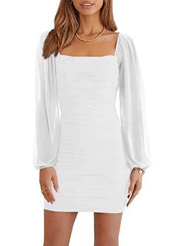 Wenrine Women's Dress Mesh Long Sleeve Square Neck Party Dress Ruched Club Cocktail Bodycon Mini Dress