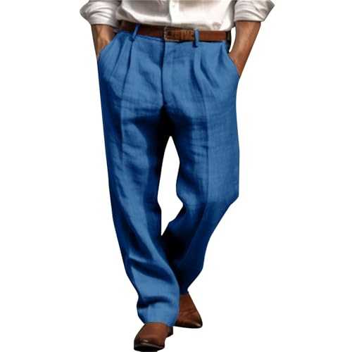 Mens Dress Pants Regular Fit Straight Leg Pleat Front Work Business Suit Pant Summer Cotton Linen Chino Trousers