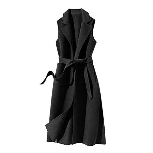 Womens Autumn Vintage Solid Woolen Sleeveless Long Vest Coat With Pockets Womens Elegant Loose Open Front Cardigan Business Coat Jacket With Belt Womens Retro Work Long Coat Quilted Jacket Womens