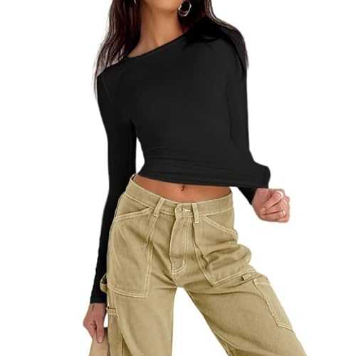 ETRSAIRL Women’s Long Sleeve T Shirts Ladies Long Crop Top Casual Solid Color Crew Neck Tight Long Sleeve Seamless Shirt Basic Blouse Tee Tops