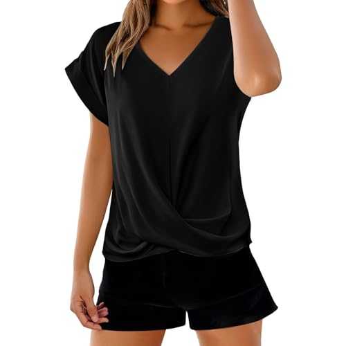 Ladies Short Sleeve Blouses My Orders, V Nevk Plus Size Black Blouses Comfortable Solid Color Womens Clothes Casual Solid Color T Shirt Elegant D Top for Spring and Summer Clothing Sales