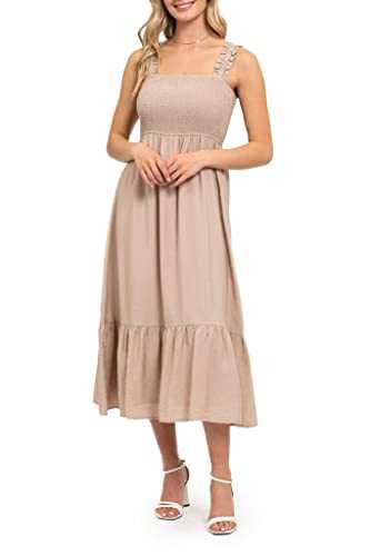 August Sky Women's Midi Dress – Ruffle Sleeveless Smocked Elastic Waist Flowy Tiered Skirts One Piecee