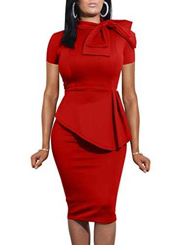 LAGSHIAN Women Fashion Peplum Bodycon Short Sleeve Bow Club Ruffle Pencil Party Dress