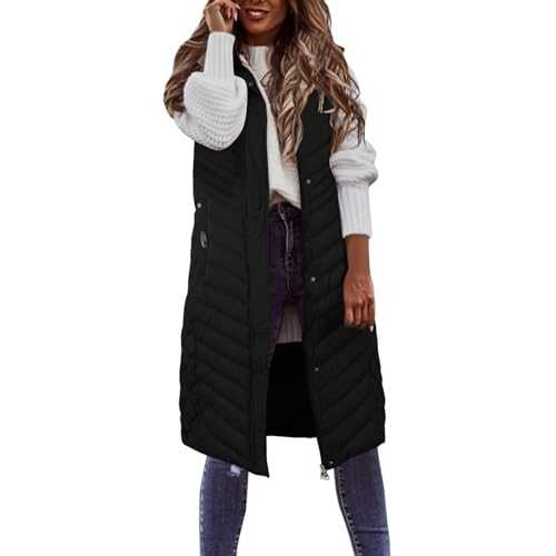 zhushuGG Women's Long Gilet Padded Hooded Jacket Ladies Quilted Long Coat Vest with Hood Sleeveless Body Warmer Down Jacket Zip Up Jacket Coat with Pockets Winter Waistcoat Womens Parka Outwear