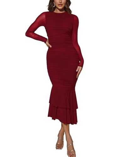 Atizon Elegant Ruched Bodycon Evening Dresses for Women Cocktail Party Formal Maxi Mermaid Dress