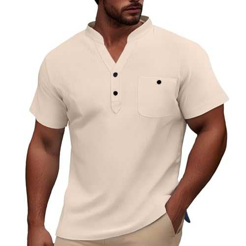 Generisch Summer Short-Sleeved Shirt Men's Baggy Cotton Linen Casual Shirt V-Neck Linen Shirt with Buttons and Chest Pocket Thin Lightweight Summer Shirt Outdoor Casual Sports Shirt Loungewear