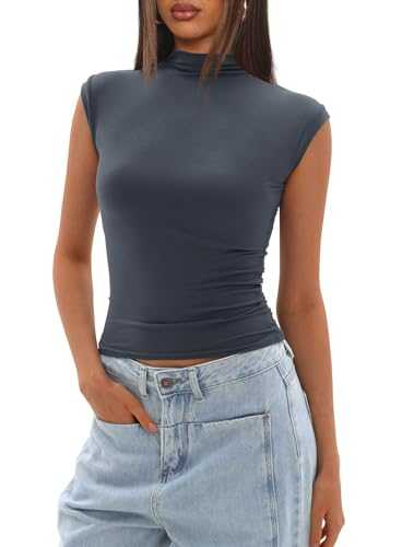Darong Women's Summer Tops Cap Sleeve Side Ruched Going Out Top Mock Neck Slim Fitted Cute Shirts Y2K Tee