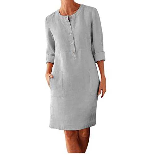 AMhomely Summer Dresses for Women UK Ladies Spring Cotton Linen Swing Midi Dress Short Sleeve Crew Neck Comfy Tunic Dress Shirt Sundress Casual Button Holiday Dress Party Beach Sundress