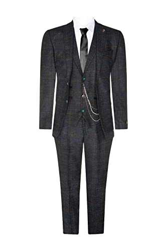 Mens 3 Piece Wool Suit Olive Green Tweed Check Peaky 1920 Gatsby Formal