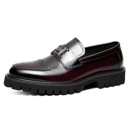 Men's Fashion Brogue Leather Lug Sole Loafers,Round Toe Platform Comfort Slip on Dress Shoes
