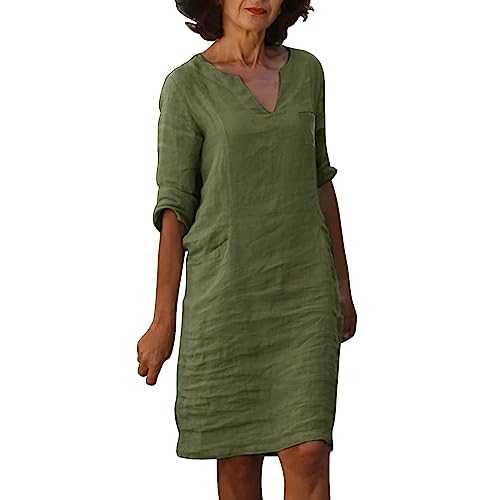Women's Dress Elegant Business Office Wedding Guest Dress Linen Cotton Shirts Dress Henley Shirt Lightweight Mid Sleeve Shift Dress Blouse Pullover Y2k Streetwear Going Out T Shirts
