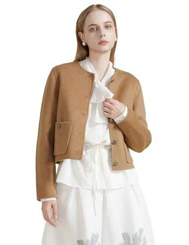 SDEER Women's Short Wool Blend Pea Coats Round Neck Long Sleeve Button Down Jackets Open Front Cropped Coat