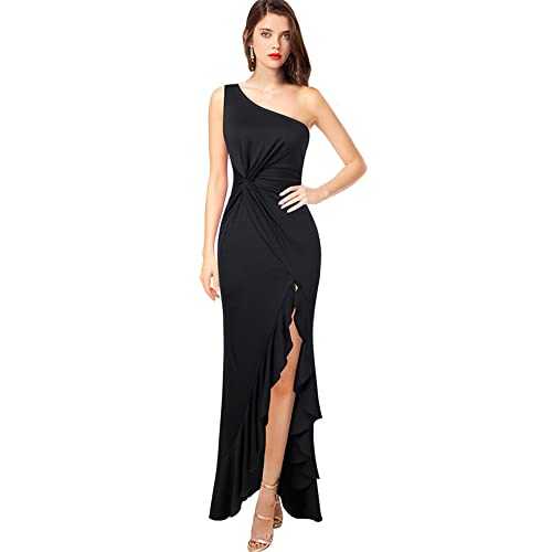 KOEMCY Women's Elegant Dress Long Evening Dress One Shoulder Solid Color High Split Dress Sleeveless Dress Sexy Bodycon Dress Cocktail Gowns Wedding Party