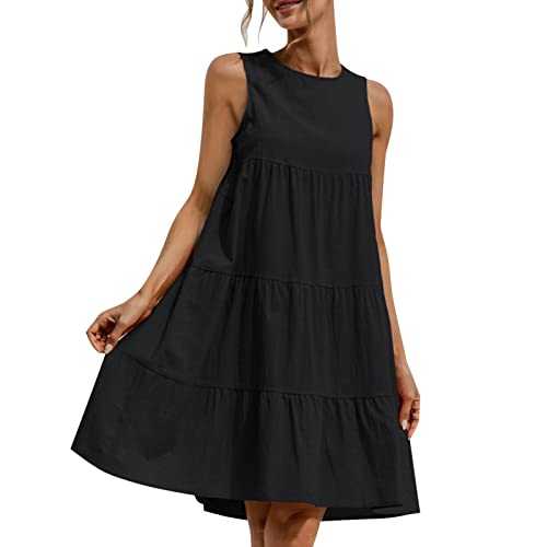 Summer Dresses Size 24 Womens Casual Solid Sleeveless Sundress Round Neck a Line Pleated Mini Short T Shirt Dress Sale