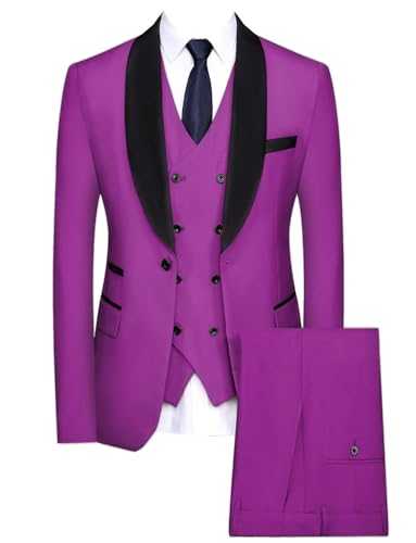 Cdkoke Men's Suit Shawl Lapel Jacket Double Breasted Vest Pants 3-Piece Wedding Daily Tuxedo