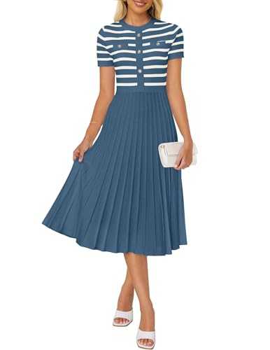 ZESICA Women's Casual Striped Midi Dress Crewneck Short Sleeve Button Ribbed Knit Swing Pleated A Line Dresses