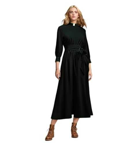 Clergy Dress for Women A Line Elegant Maxi Dress Long Sleeve Modest Church Dresses Priest Costume with Collar and Belt