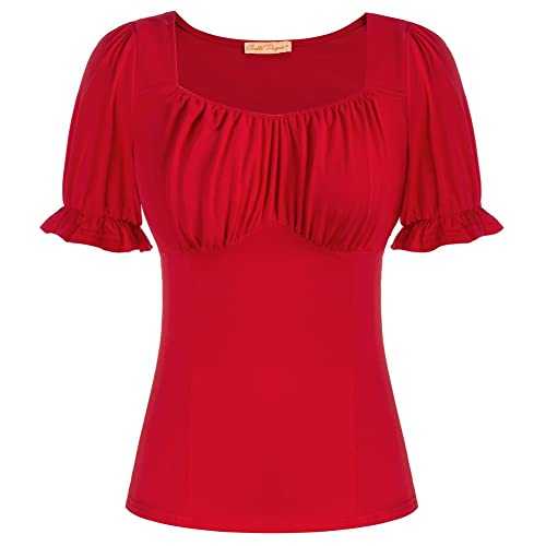 Belle Poque Women Vintage Ruched Tops Retro Puffed Short Sleeve Square Neck Cotton Shirt