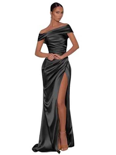 UMLXYER Off Shoulder Prom Dresses for Women 2024 Satin Long Mermaid Bridesmaid Dress Formal Evening Party Gowns with Slit